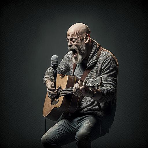 Man, 52 years old, caucasian European, bald, short beard, singer, singing on the stage, whole body, playing acoustic guitar, hd, realistic, detailed