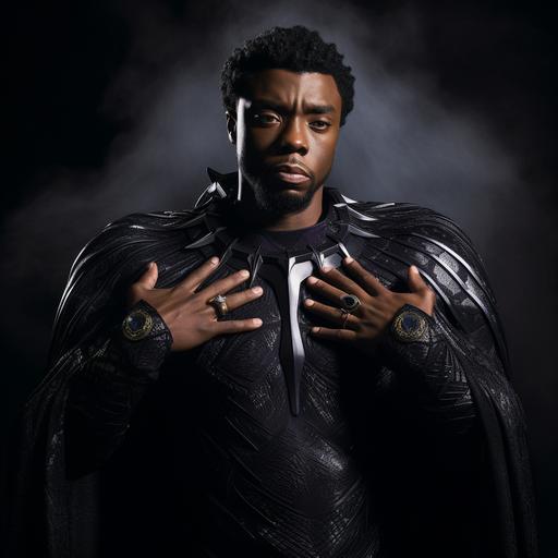 Man Chadwick boseman with an angel Ring Above his head, wearing the black panther costume doing the Wakanda Pose