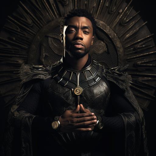 Man Chadwick boseman with an angel Ring Above his head, wearing the black panther costume doing the Wakanda Forever
