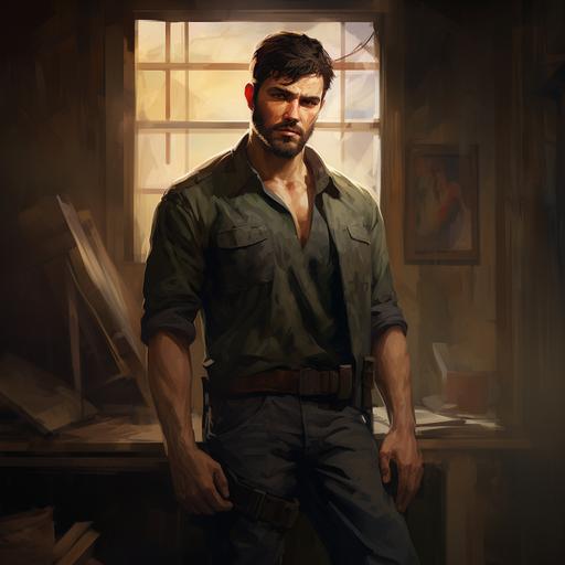 Man, Muscled, masculine, Hunter, Supernatural Hunter, Dark brown hair, hazel eyes, claw mark scar across his left eye, Small beard, Folding his arms leaning against the wall, cold, Calculative, Serious, Calm, Deep thinker, staring right at you, Dynamic pose, full body portrait, combat boots, black cargo pants, realistic, hyper detailed.