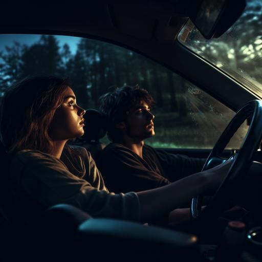 Man and woman driving in a car at night, cinematic
