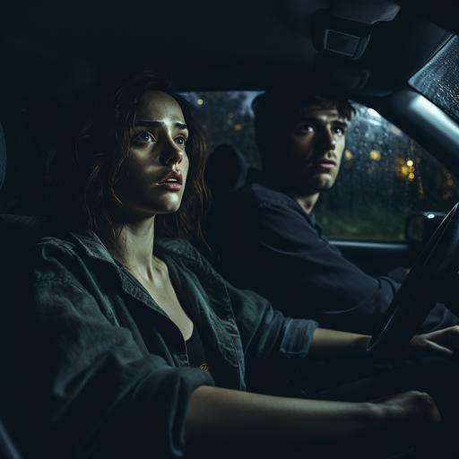 Man and woman driving in a car at night, cinematic