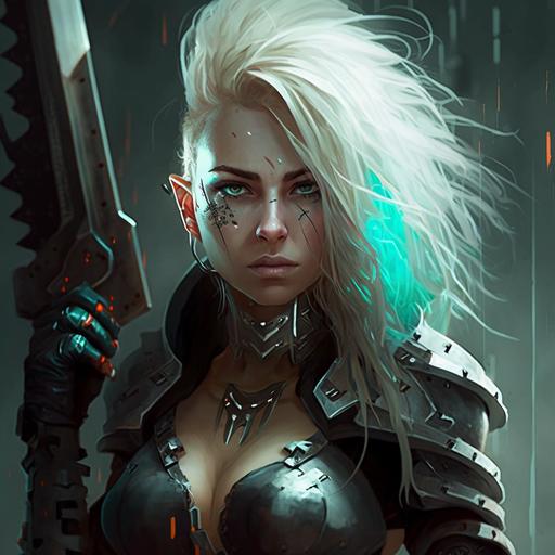 cyberpunk blonde banged emo woman standing ready to fight, 2 glow:: sword, white eyes, tight leather, silver buckles, armored right arm
