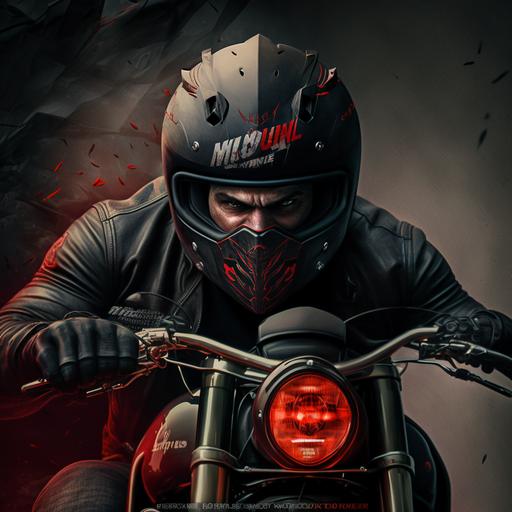 Man in Black helmet driving Suzuki Intruder M800 with Red Devils MC logo. dark, gothic, scary, 3d