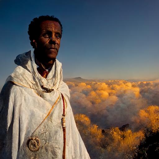 Man in Ethiopian white linen robe stands on Mountain above the clouds as the sun sets behind him. He looks toward camera; Realistic photography; Face trained from 5000000 images of buji tribe men on Google Images   1000000 training iterations of reference image file:///H:/MidJourney/ZRP3nFAOu5U.jpg --s 5000 --q 2