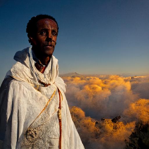 Man in Ethiopian white linen robe stands on Mountain above the clouds as the sun sets behind him. He looks toward camera; Realistic photography; Face trained from 5000000 images of buji tribe men on Google Images   1000000 training iterations of reference image file:///H:/MidJourney/ZRP3nFAOu5U.jpg --s 5000 --q 2
