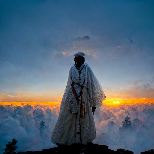 Man in Ethiopian white linen robe stands on Mountain above the clouds as the sun sets behind him. He looks toward camera; Realistic photography; Face trained from 5000000 images of buji tribe men on Google Images   1000000 training iterations of reference image file:///H:/MidJourney/ZRP3nFAOu5U.jpg  --s 5000 --q 2