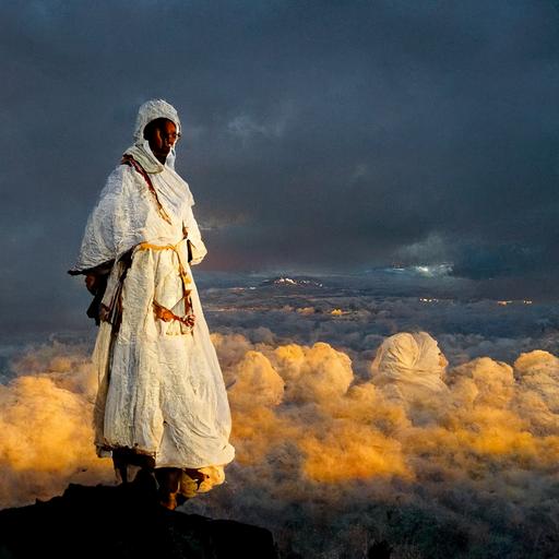 Man in Ethiopian white linen robe stands on Mountain above the clouds as the sun sets behind him. He looks toward camera; Realistic photography; Face trained from 5000000 images of buji tribe men on Google Images   1000000 training iterations of reference image file:///H:/MidJourney/ZRP3nFAOu5U.jpg  --s 5000 --q 2