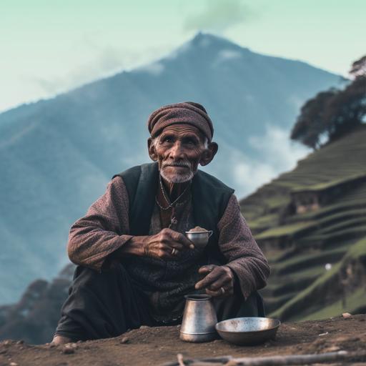 Man in Nepal village, this man sit with tea, dramatic scenery