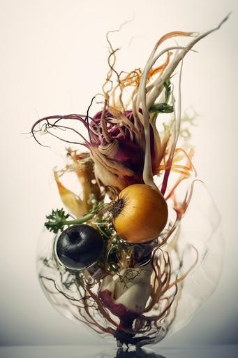 minimalist, abstract photograph of a vegetable sculpture with found objects. Slow shutter, double exposure captured with a Nikon d750 and 85mm 1.8 lens --ar 2:3 --s 750 --v 5