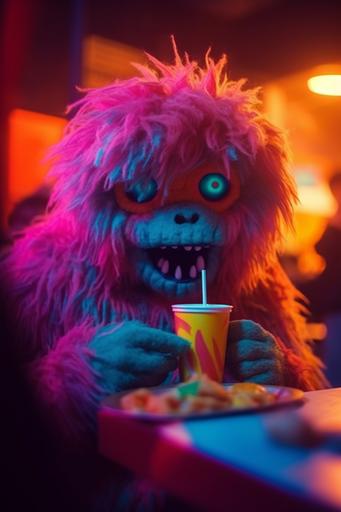 photo of a neon humanoid fluff monster, eating fast food. Shot on a Polaroid camera --ar 2:3 --s 750 --v 5