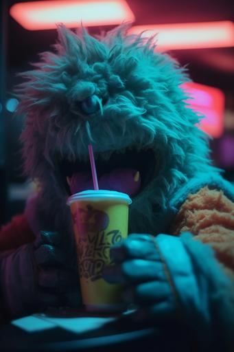 photo of a neon humanoid fluff monster, eating fast food. Shot on a Polaroid camera --ar 2:3 --s 750 --v 5
