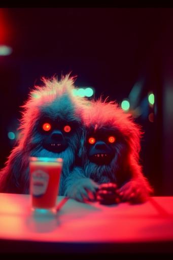photo of a neon humanoid fluff monsters, drinking beer. Shot on a Polaroid camera --ar 2:3 --s 750 --v 5