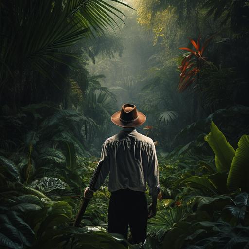 Man in a fancy hat holds a machete faces away from the camera, Orienteering through thick tropical rainforest where the lush vegetation spreads around like a floral decoupage, style of Indiana Jones movie --s 50