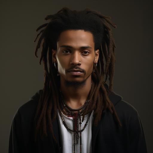 Man of 23 years old,African American , 6 feet 5 inches tall , medium lenght dreadlocks , thin mustache and medium length goatee