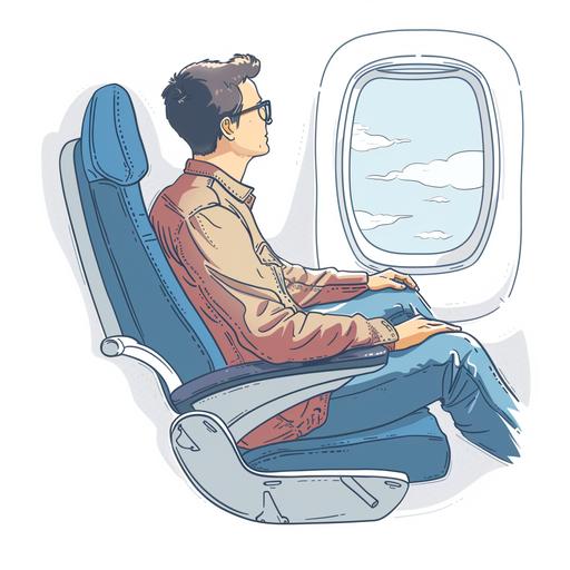 Man sit on plane seat & look at window, cartoon lining cartoon style, thick outline, low detail, no shading white background