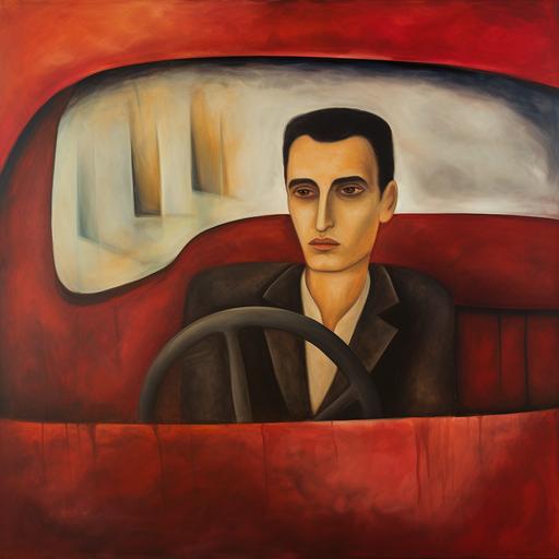 Man sitting in his car, wet street, street lights ::1 sitting in his car ::1.5 red car interior ::1 tree lined street ::1 Amedeo Modigliani ::3 --stylize 10