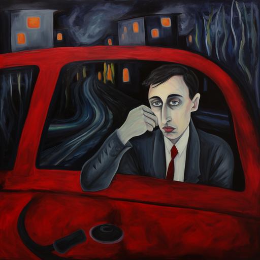Man sitting in his car, wet street, street lights ::1 sitting in his car ::1.5 red car interior ::1 tree lined street ::1 Amedeo Modigliani ::2 --stylize 10