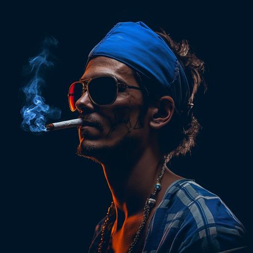 Man wearing a blue bandana, smoking cigarette & wearing cool pixel sunglasses, highest details, epic, cinematic portrait photography, --s 50