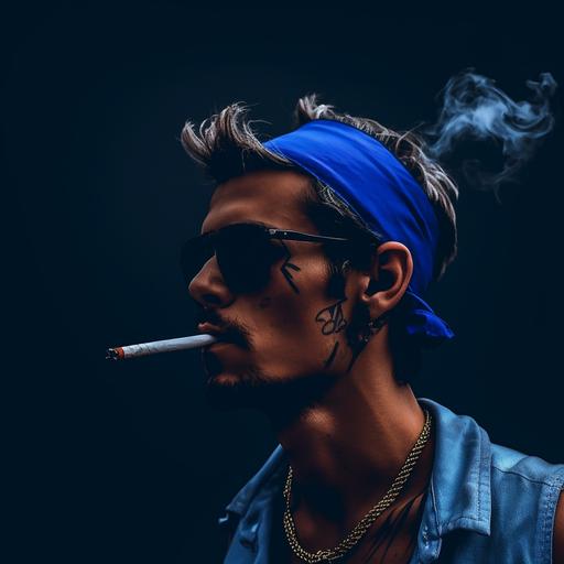 Man wearing a blue bandana, smoking cigarette & wearing cool pixel sunglasses, highest details, epic, cinematic portrait photography, --s 50