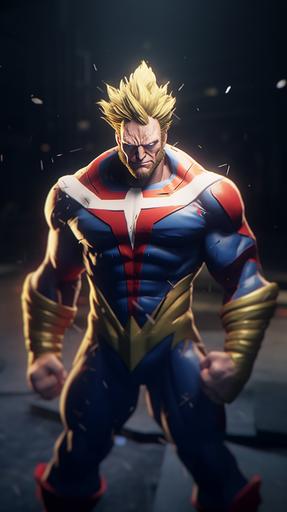 Man. Reimagined as All Might from My Hero Academia: All Might Cosplay: Tall muscular build: short besrd: All Might Costume:  stylized poses  expressive gestures  intense gazes, photorealistic  photo-realism mode  hyperreal  high resolution  realistic  incredibly high detailed  D&D  hyperreal  uhd  5 and octane render  cinematic  4k realism  Hyper-realistic textures  Wide-angle portraits: incredibly detailed photograph. Shot on a Hasselblad medium format camera. Unmistakable to a photograph. Iridescent eyes. Cinematic lighting.Photography by Tim Walker, trending on 500px --ar 9:16 --v 5.1 --style raw