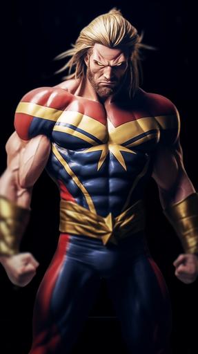 Man. Reimagined as All Might from My Hero Academia: All Might Cosplay: Tall muscular build: short besrd: All Might Costume:  stylized poses  expressive gestures  intense gazes, photorealistic  photo-realism mode  hyperreal  high resolution  realistic  incredibly high detailed  D&D  hyperreal  uhd  5 and octane render  cinematic  4k realism  Hyper-realistic textures  Wide-angle portraits: incredibly detailed photograph. Shot on a Hasselblad medium format camera. Unmistakable to a photograph. Iridescent eyes. Cinematic lighting.Photography by Tim Walker, trending on 500px --v 5.1 --style raw --ar 9:16