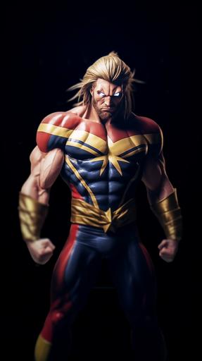 Man. Reimagined as All Might from My Hero Academia: All Might Cosplay: Tall muscular build: short besrd: All Might Costume:  stylized poses  expressive gestures  intense gazes, photorealistic  photo-realism mode  hyperreal  high resolution  realistic  incredibly high detailed  D&D  hyperreal  uhd  5 and octane render  cinematic  4k realism  Hyper-realistic textures  Wide-angle portraits: incredibly detailed photograph. Shot on a Hasselblad medium format camera. Unmistakable to a photograph. Iridescent eyes. Cinematic lighting.Photography by Tim Walker, trending on 500px --v 5.1 --style raw --ar 9:16