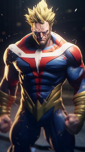 Man. Reimagined as All Might from My Hero Academia: All Might Cosplay: Tall muscular build: short besrd: All Might Costume:  stylized poses  expressive gestures  intense gazes, photorealistic  photo-realism mode  hyperreal  high resolution  realistic  incredibly high detailed  D&D  hyperreal  uhd  5 and octane render  cinematic  4k realism  Hyper-realistic textures  Wide-angle portraits: incredibly detailed photograph. Shot on a Hasselblad medium format camera. Unmistakable to a photograph. Iridescent eyes. Cinematic lighting.Photography by Tim Walker, trending on 500px --ar 9:16 --v 5.1 --style raw