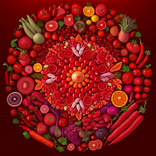 Mandala made from various scarlet red colored fruits and vegetables, strawberries, tomatoes, red bell peppers, red chilli peppers, pomegranates, rasberries, red grapefruits, cherries, beets, watermelon, red onion, red turnips, red apples, red plums, cranberries, volumetric lighting, studio lighting, 16k, photorealistic, octane render, hyper detailed, realism, realistic detail, cinematic lighting, high contrast details, canon r5, 85mm lens, high-resolution DSLR photograph, perfect features, max details, ultra realistic, hyper realistic, hdr, Annie Leibovitz --q 2 --v 4