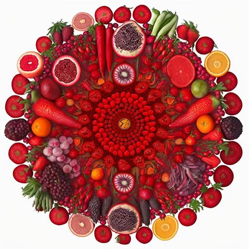 Mandala made from various scarlet red colored fruits and vegetables, strawberries, tomatoes, red bell peppers, red chilli peppers, pomegranates, rasberries, red grapefruits, cherries, beets, watermelon, red onion, red turnips, red apples, red plums, cranberries --q 2 --v 4