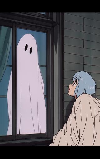 Manga Screencap from 90's tokusatsu anime, Found footage photo taken of a beautiful female teenage poltergeist horror cosplaying as Rei Ayanami in her plugsuit in front of a child's window from outside, anime, vintage animation, flat colors, cel - shading, Cel Shading, animecore, still from a 90s anime, anime, 80's, cartoon, animation, in the style of Akira Toriyama, in the style of Yon Yoshinari, scary colors --ar 5:8 --niji 5 --no hands