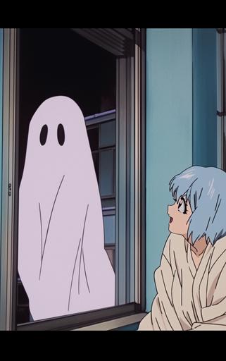 Manga Screencap from 90's tokusatsu anime, Found footage photo taken of a beautiful female teenage poltergeist horror cosplaying as Rei Ayanami in her plugsuit in front of a child's window from outside, anime, vintage animation, flat colors, cel - shading, Cel Shading, animecore, still from a 90s anime, anime, 80's, cartoon, animation, in the style of Akira Toriyama, in the style of Yon Yoshinari, scary colors --ar 5:8 --niji 5 --no hands