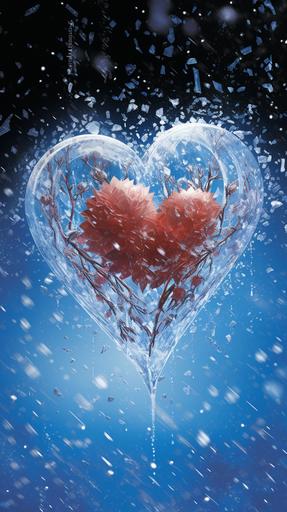 Manga of [a piece of ice in a red heart, against a background of blue ice and snow, snowflakes are flying] --ar 9:16