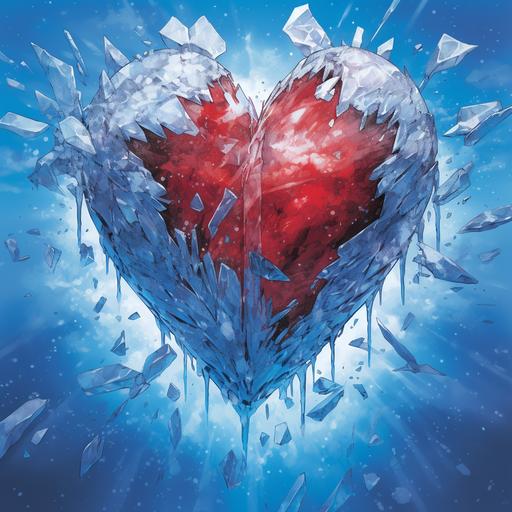 Manga of [a piece of ice in a red heart, against a background of blue ice and snow, snowflakes are flying]