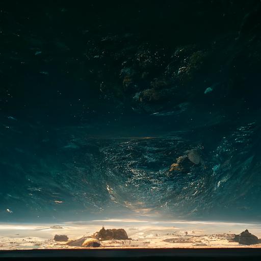 Mansión gigante sobre planeta pequeño con base de azufre y carbon como medio ambiente al estilo de Edward Hopper, con tres puntos de luz vista desde arriba, fotografia 360 grados, lente ojo de pescado, unreal engine render