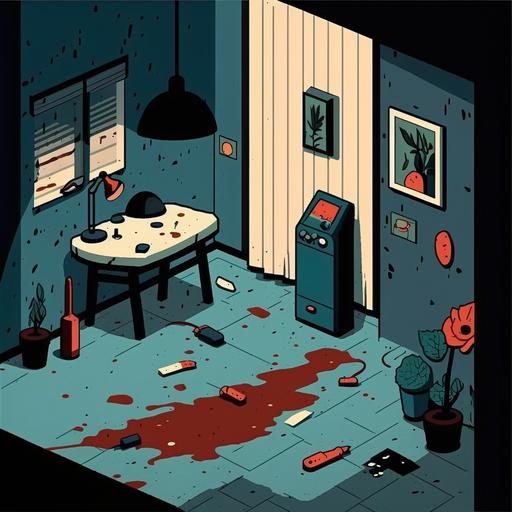 crime scene night murder in which dead neuronal cell lie on the floor, knife near of it, crime scene-police tape all the room, and spots on the wall, broken window, and broken vase, and a police man holding handcuffs in cartoon-like scene.