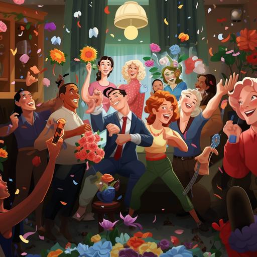 Many different happy people at a home party full of flowers and polls, people holding flowers, dancing, happy, party hat, funny disney cartoon illustration --s 750