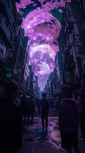 /Many people looking up at the huge purple glowing sphere in the sky above the city of Tokyo, angle from below, back view, real photo --ar 9:16