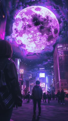 /Many people looking up at the huge purple glowing sphere in the sky above the city of Tokyo, angle from below, back view, real photo --ar 9:16
