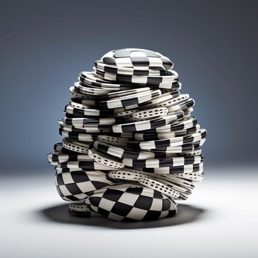 Many poker chips stacked together forming the shape of an old black and white football. realistic image, lots of details, well-contrasted shadow and light