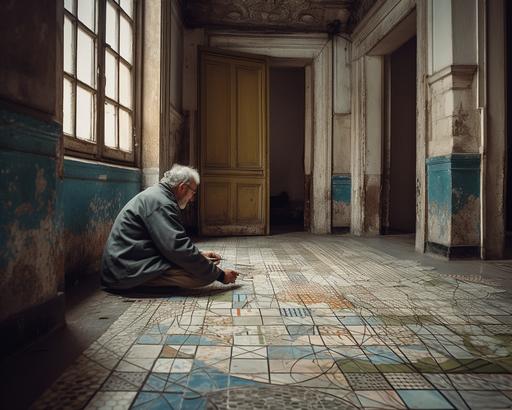 Map-making discovery, The man sits cross-legged on the grimy tiled floor, sketching out his path on a tattered piece of paper with a short pencil stub, The environment around him is a maze of identical doors, with the weight of choices yet to be made hanging heavy, Photography, Mid-shot with Canon EOS R5 at f/3.2, --aspect 5:4 --v 5.0