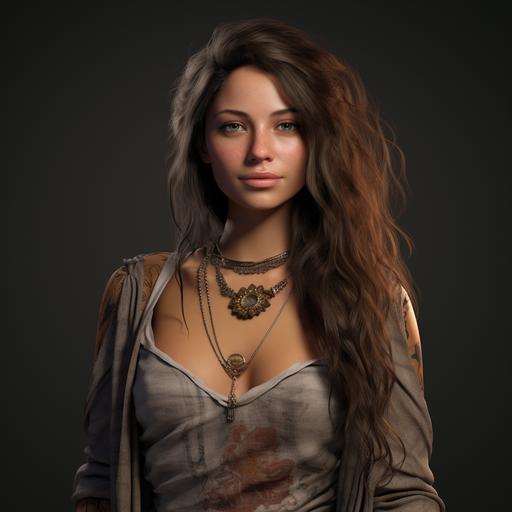 Mar female 30s long, brown hair, beautiful mother of two, hyperrealistic, raytracing cinematic, semi-hippy clothing, loving personality. Lives in South Carolina