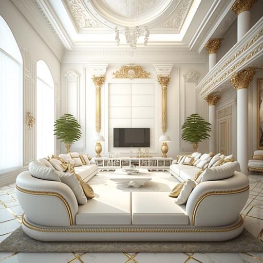 A classic men's majlis with white sofas, golden and white wall engravings, a luxurious TV library, some vases and candles on glass tables with golden legs in the majlis, high-quality image, high, reflection, super detail, high resolution, high quality, 8k