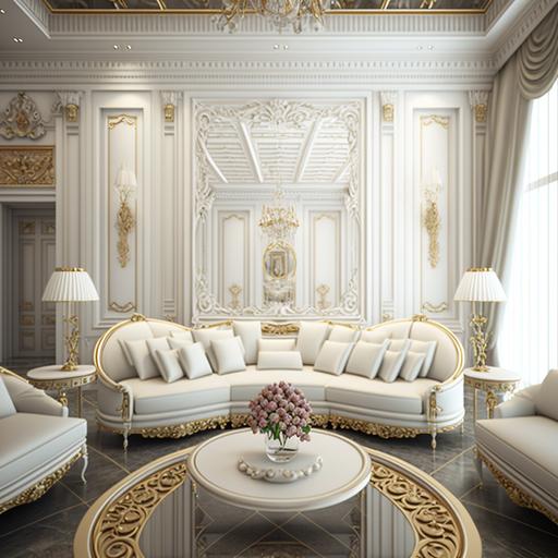 A neo classic men's majlis with white sofas, golden and white wall engravings, a luxurious TV library, some vases and candles on glass tables with golden legs in the majlis, high-quality image, high, reflection, super detail, high resolution, high quality, 8k