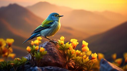 Marc Adamus-style photograph of Socotra Warbler, Socotra. Dawn. Color palette of burnt sienna, cobalt blue, lemon yellow, emerald green, and titanium white. Shot with a Nikon D850, ISO 100, f/16, 1/50 sec. --ar 16:9