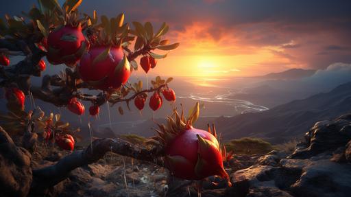 Marc Adamus-style photograph of Socotran Pomegranate, Socotra. Sunset. Color palette of cadmium red, ultramarine blue, lemon yellow, viridian, and ivory black. Shot with a Nikon D850, ISO 100, f/16, 1/50 sec. --ar 16:9