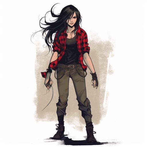 Drawing of Teen girl with dark eyes and long black hair and a cocky expression hands in pockets wearing black tank top and red flannel button up shirt torn black jeans and black combat boots,