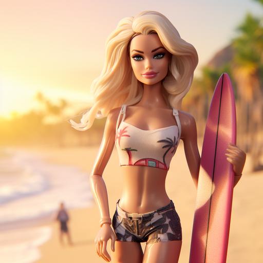 Margot Robbie Barbie movie, Barbie and Ken, mojo dojo casa house, pop punk vibe, beach, LA sun, cartoon