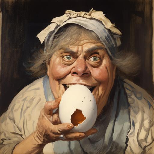 Marie dressler tries to crack open a large egg with a face, egg with eyes nose and mouth, middle - aged woman, narrow waist, comedic smile, painted in the style of mead schaeffer --v 5 --q 2