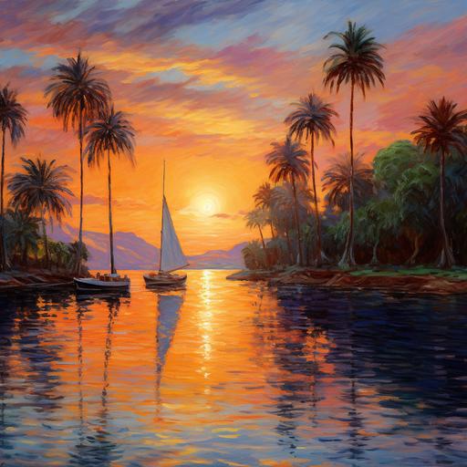 Marigot Bay during sunset by claude monet, palm trees, sailing boat, 8k